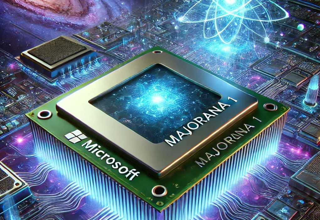 Futuristic Microsoft Majorana 1 quantum chip glowing with blue energy, symbolizing cutting-edge quantum computing technology and topological qubits.