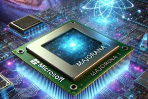 Futuristic Microsoft Majorana 1 quantum chip glowing with blue energy, symbolizing cutting-edge quantum computing technology and topological qubits.